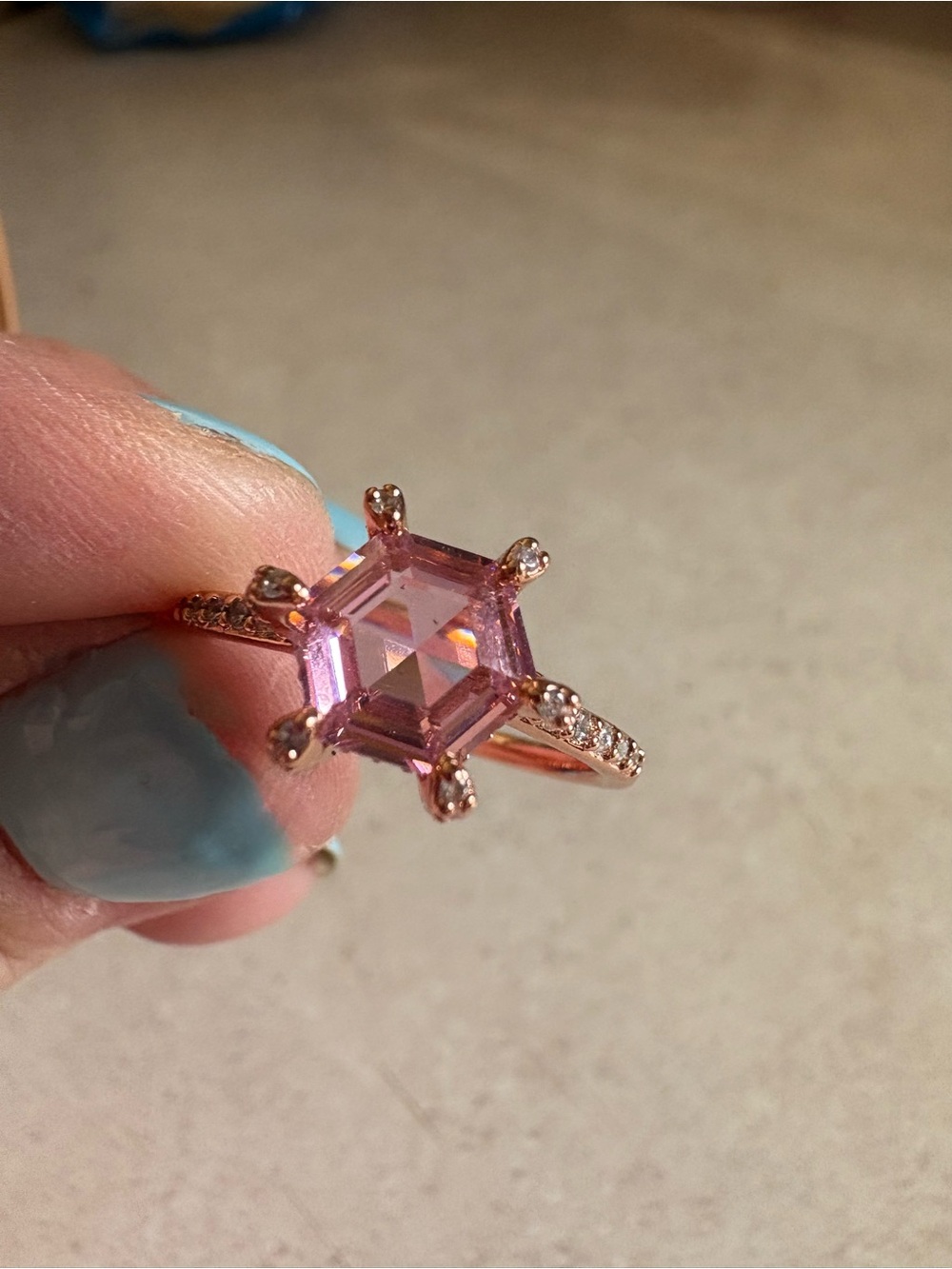 Rose Gold Pink Hexagon-Cut Ring with Pavé Band